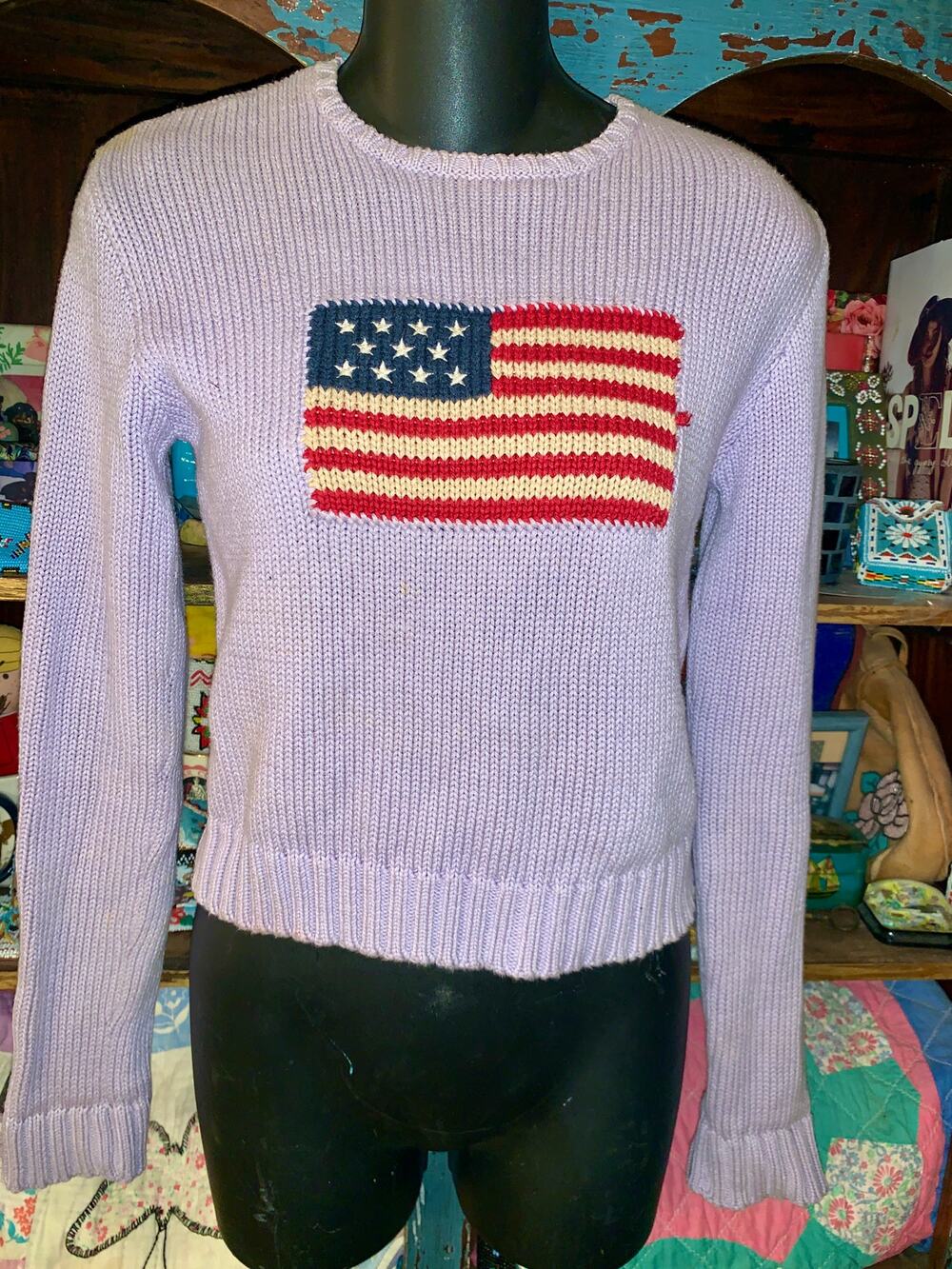 VINTAGE 90's RALPH LAUREN LAVENDER COTTON WAIST LENGTH FLAG SWEATER S
